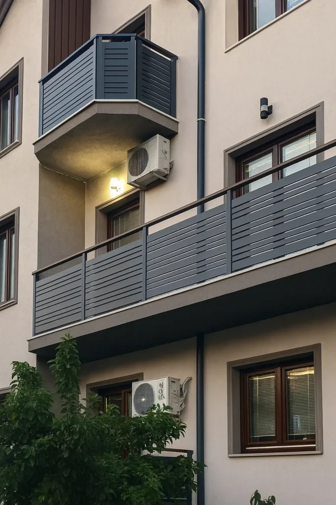 Terasne aluminijumske ograde na balkonima stambene zgrade sa horizontalnim letvicama — Savalux