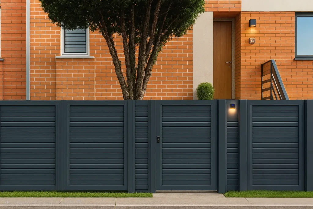 Dvorišna ograda i pešačka kapija od aluminijuma sa punim panelima antracit uz kuću od cigle — Savalux