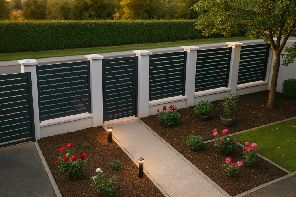 Aluminijumska ograda za dvoriste boja antracit sa belim stubovima i noćnim osvetljenjem — Savalux