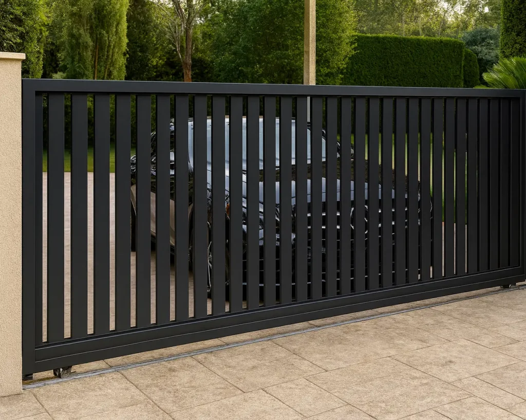 Kapije za dvorište - Klizna aluminijumska kapija sa vertikalnim letvicama u antracit boji — Savalux