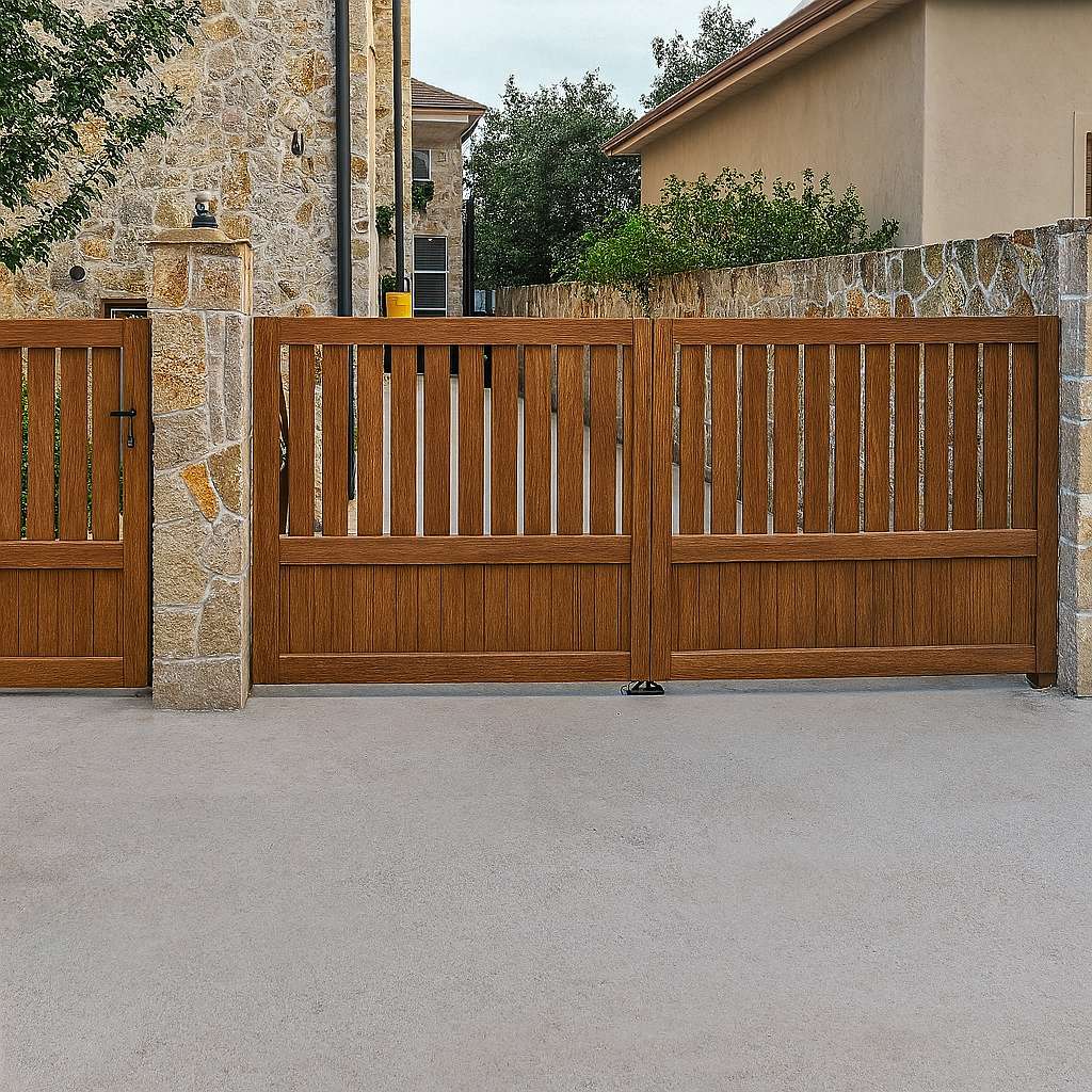 Dvokrilna kapija za dvorište wood dekor sa pešačkom kapijom i kamenim stubovima — Savalux