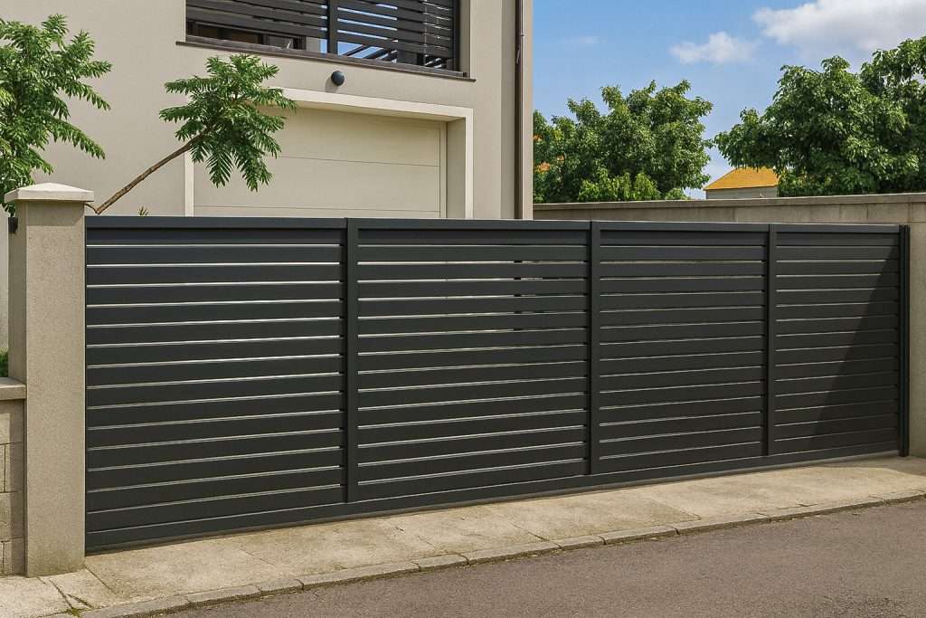 Moderna aluminijumska ograda za dvorište sa zatvorenim horizontalnim letvama antracit RAL 7016 — Savalux