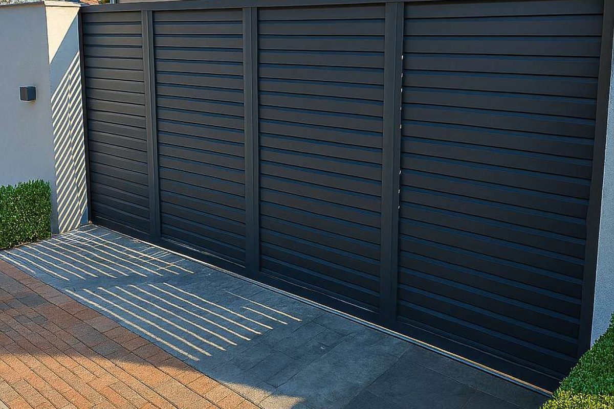 Aluminijumska kapija za dvorište sa zatvorenim panelima antracit RAL 7016 ispred kuće — Savalux