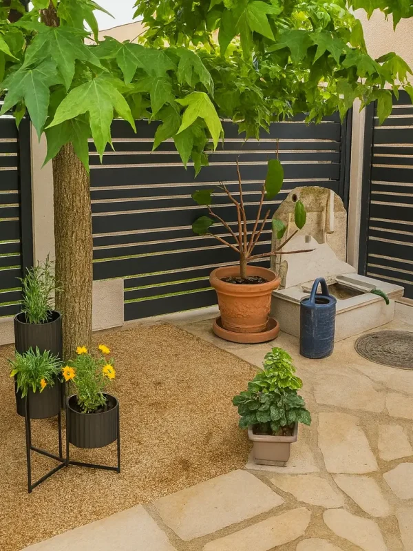 Uređeno dvorište sa aluminijumskom ogradom sa horizontalnim letvicama antracit i kamenim popločavanjem — Savalux